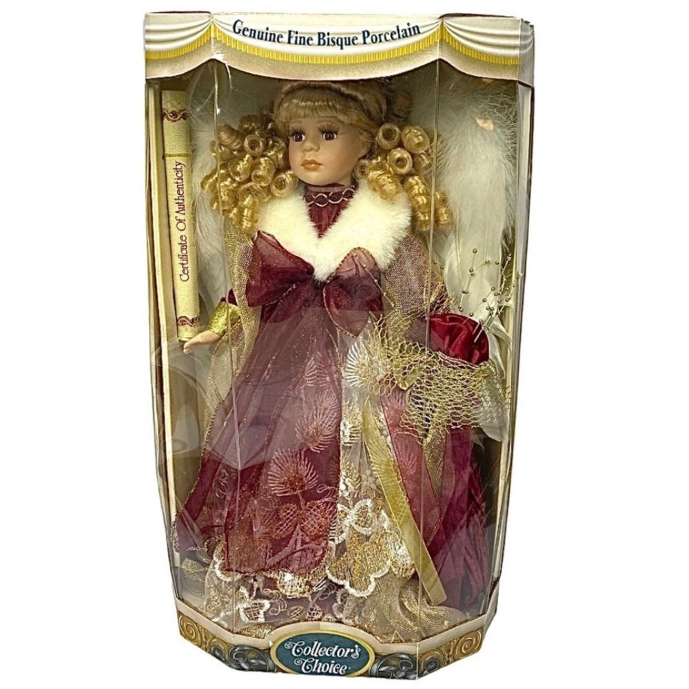 COLLECTOR's CHOICE Unopened Box Fine Bisque Porcelain Red Velveteen Dress